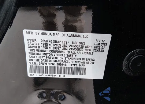 2017 Honda Pilot Touring из США, поврежденный, VIN 5FNYF6H92HB096461